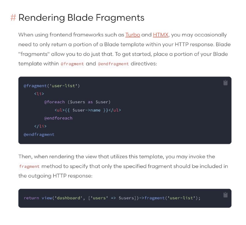 В Laravel 9.39 появилась возможность получить «фрагмент» blade-шаблона.