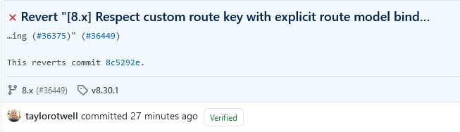 Релиз Laravel 8.30.1Откатили изменение с кастомным ключом привязки маршрута
