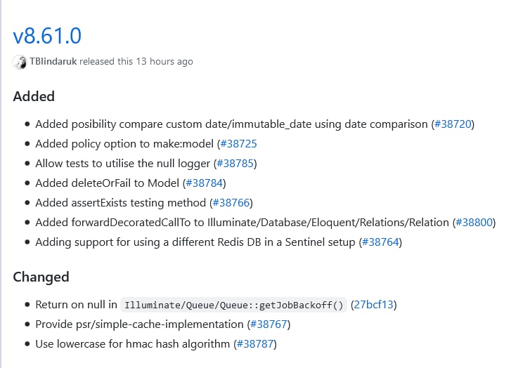 Релиз Laravel 8.61Основная фишка новой версии —  тест-методы assertModelExists и assertModelMissing для проверки существования модели в базе данных.