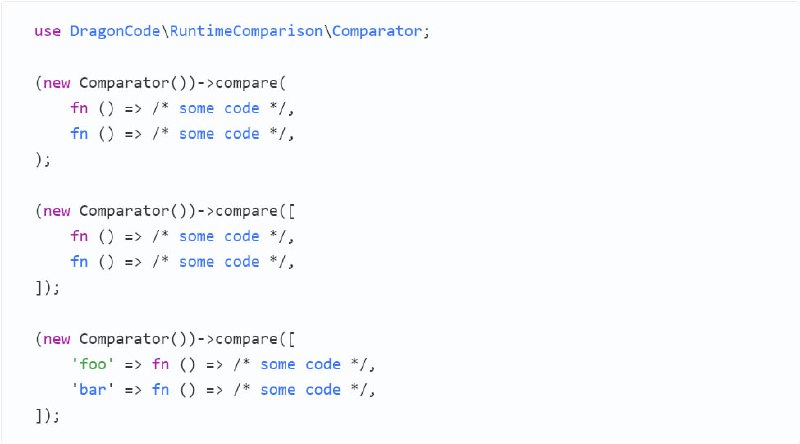 Runtime Comparison для PHP приложенийОчень часто приходится сравнивать время выполнения кода с целью выбора наиболее оптимального решения, и каждый раз для этого приходилось писать обработчик с расчётом microtime, после чего заносил все результаты в какую-нибудь таблицу Excel и вручную рассчитывал минимальное, максимальное и среднее время выполнения... Для решения этой тривиальной задачи был выпущен пакет Runtime Comparison, позволяющий сравнивать время выполнения кода без лишних затрат.