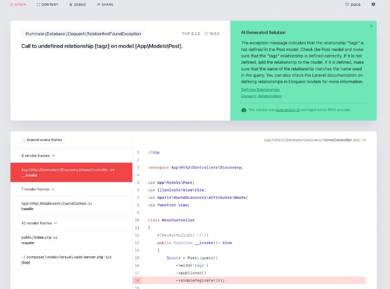 Laravel Ignition 2.1 — AIВ пакет, который отвечает за вывод ошибок фреймворка, добавлена возможность подключения искусственного интеллекта OpenAI.