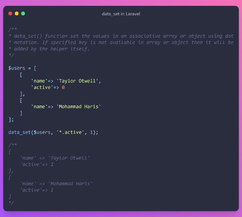 Хелперы Laravel • data_fill — заполняет пропущенные значения в массивах. • data_set — устанавливает значение определенного ключа в массивах. • data_get — получает значения указанного ключа из массива.Хелперы Laravel • data_fill — заполняет пропущенные значения в массивах. • data_set — устанавливает значение определенного ключа в массивах. • data_get — получает значения указанного ключа из массива.