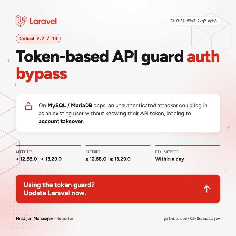 Критическая уязвимость обхода аутентификации в Laravel (9.2/10)