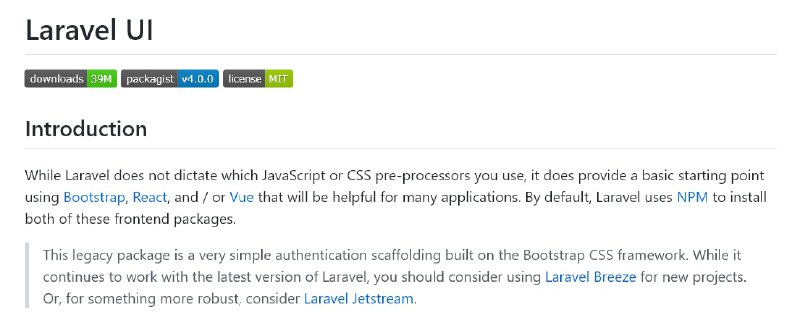 Релиз Laravel UI 4.0Каркас аутентификации на Bootstrap CSS.Теперь поддерживает Laravel 9 и Vite.