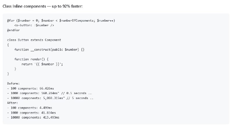На следующей неделе выйдет Laravel 9.36, в которой существенно поднимется производительность Blade.Ускорение, на различных вариантах использования, составит от 39% до 92%.