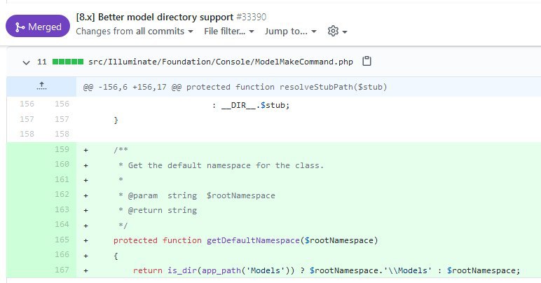 После вчерашнего голосования, в 8-ую версию Laravel официально добавлена поддержка каталога app/Models для моделей