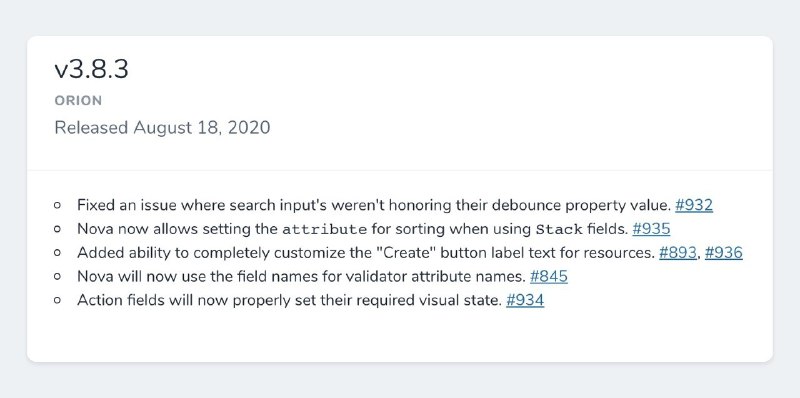 Релиз Laravel Nova 3.8.3