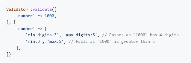 В Laravel 9.26 появились новые правила валидации: min_digits и max_digits для проверки в числе минимального и максимального количества цифр.