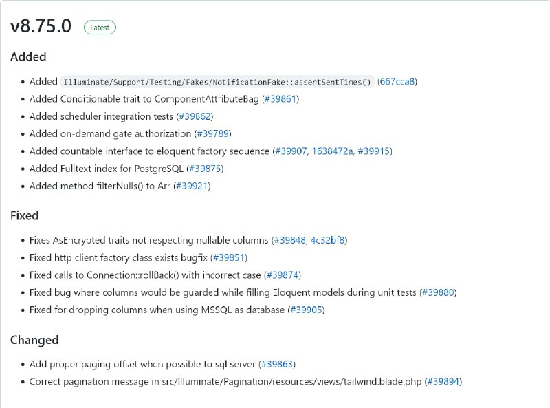 Релиз Laravel 8.75— Полнотекстовые индексы в миграциях$table->text('article')->fulltext();