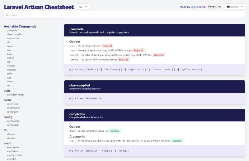 Laravel Artisan Cheatsheet обновлён до 9-ой версии.Онлайн-справочник по artisan-командам.