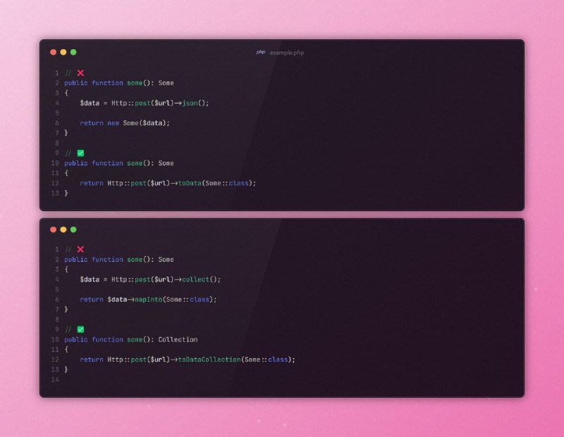 HTTP Macros - это расширение функциональности Http фасада для удобства преобразования данных.Из коробки предоставлено два базовых метода - toData и toDataCollection, преобразующих возвращаемые данные в конкретный класс или коллекцию классов.Также можно легко создать и зарегистрировать любой макрос.