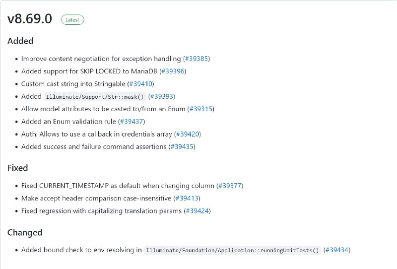 Релиз Laravel 8.69Поддержка вышеупомянутых Enum, маскирование строк и приведение к Stringable.