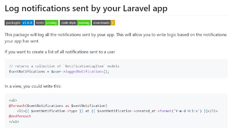 Новый пакет Laravel Notification Log от SpatieЛогирование уведомлений.