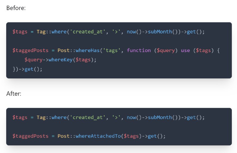 Новый метод whereAttachedTo() в Laravel 12.7 для получения записей из отношения belongsToMany.