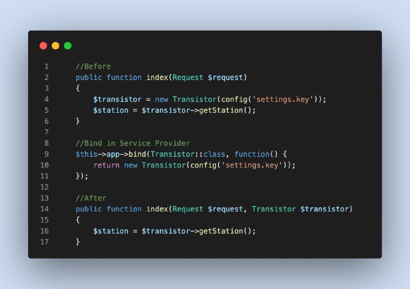 Совет от Laravel DevБиндите часто используемые объекты в сервис-провайдере и вызывайте их через Внедрение зависимости.